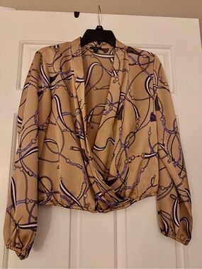 Ann Taylor Factory Beige Wrap Blouse with Purple Chain Print